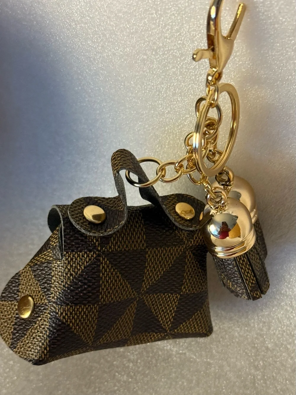 Mini Brown Checkered Purse Keychain with Gold Hardware